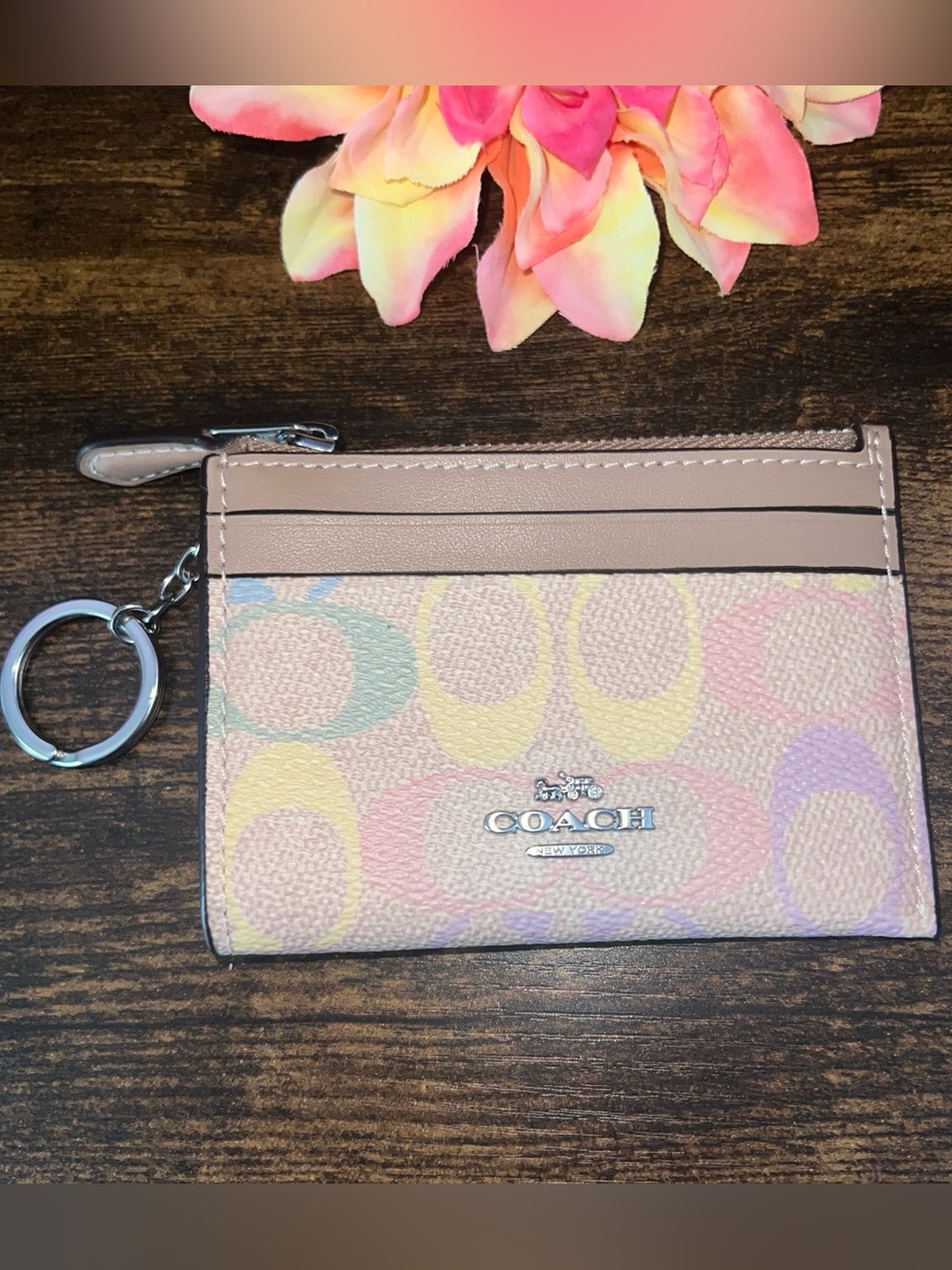 NWT Coach Mini Skinny ID Case in Signature Rainbow Pattern with Silver Sand
